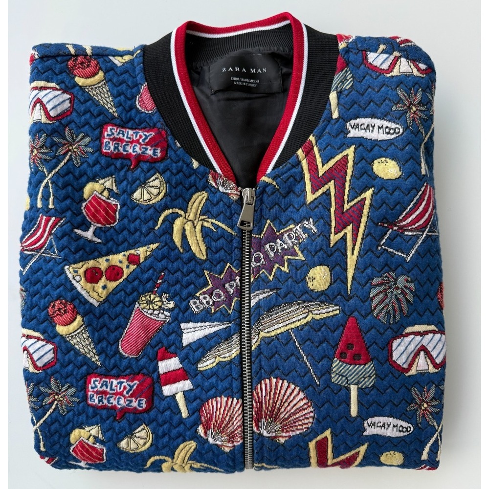 ZARA Men's Size XL Jacquard Graphic Bomber Jacket Blue Multi EUC Retro Rare $129 - Picture 2 of 9
